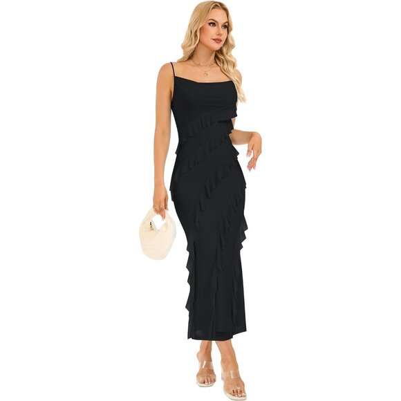 Women's Maxi Dress Sleeveless Stretch Fabric Spaghetti Ruffle Formal Party - Picture 2 of 5